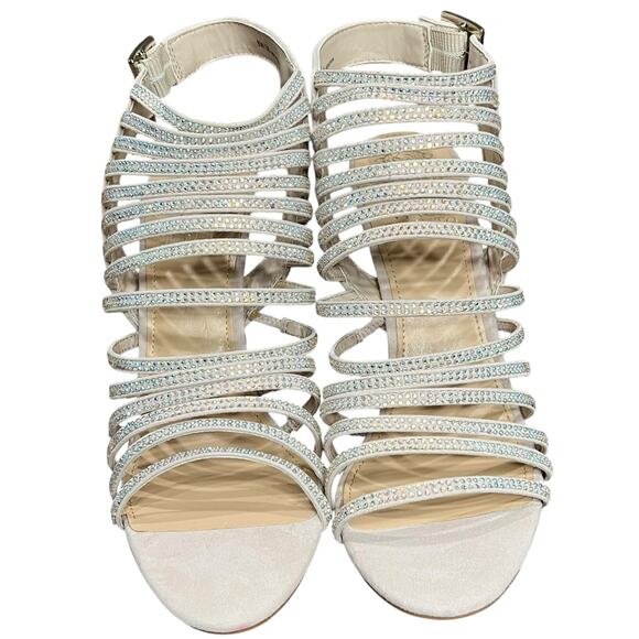 Vince Camuto Kipper Heels 8M True Sand Suede Embellished Strappy Heels Showgirl - Picture 3 of 16